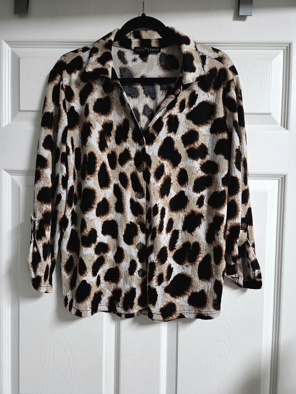 Women's Fred David Black and Brown Leopard Print Button-Down Blouse Size XL